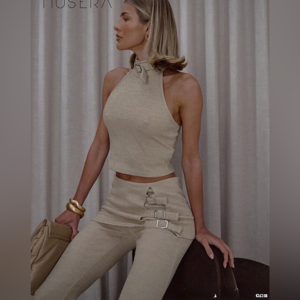NEW SHEIN Beige Knit Halter Crop Top & High-Waist Buckle Pants Set Size XL